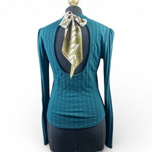 Free People Long Sleeve Top Knit Tie Back Green Teal Size Small